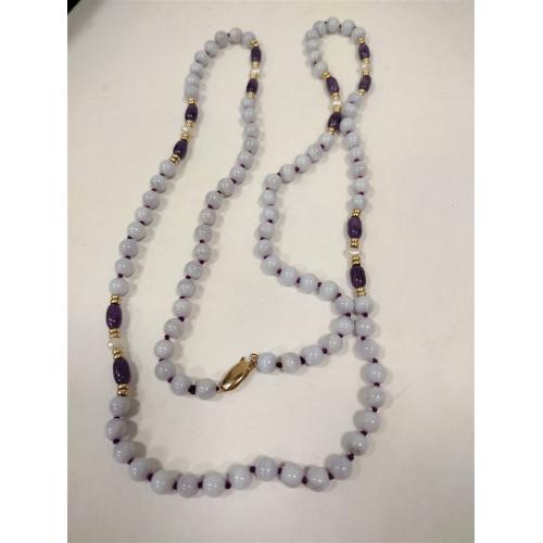PURPLE BEAD NECKLACE WITH CLASP MARKED 14K