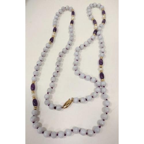 PURPLE BEAD NECKLACE WITH CLASP MARKED 14K