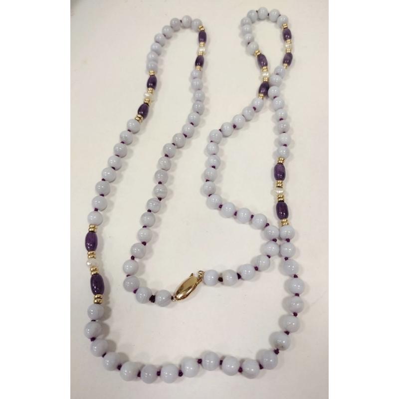 PURPLE BEAD NECKLACE WITH CLASP MARKED 14K