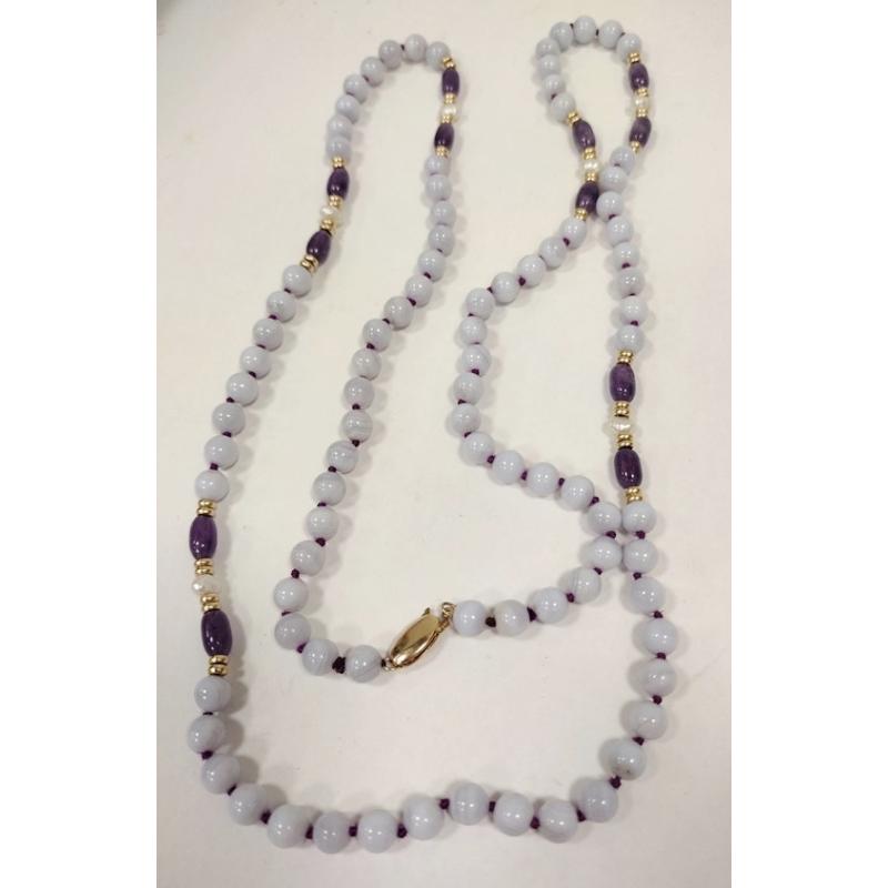 LAVENDER BEAD NECKLACE WITH CLASP MARKED 14K