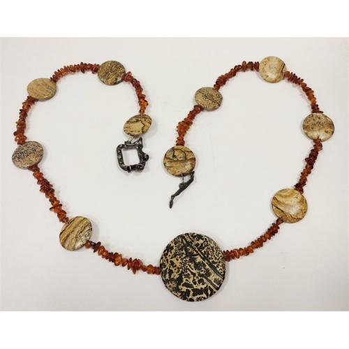 AMBER, JASPER AND STERLING NECKLACE