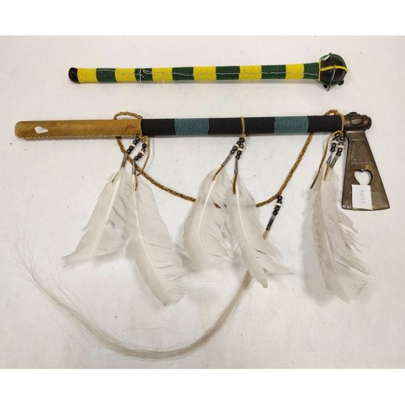 NATIVE AMERCIAN BEADED HATCHET & CLUB, CONTEMPORARY