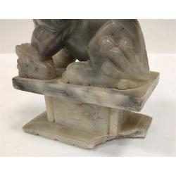 PAIR OF ANTIQUE STONE FOO LIONS WITH WOOD STANDS, one broken