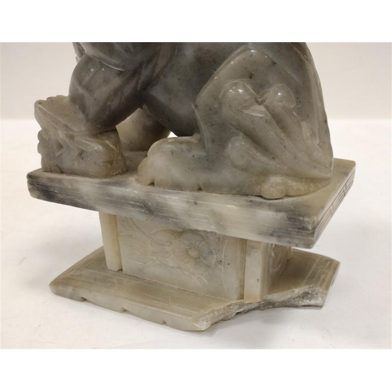 PAIR OF ANTIQUE STONE FOO LIONS WITH WOOD STANDS, one broken