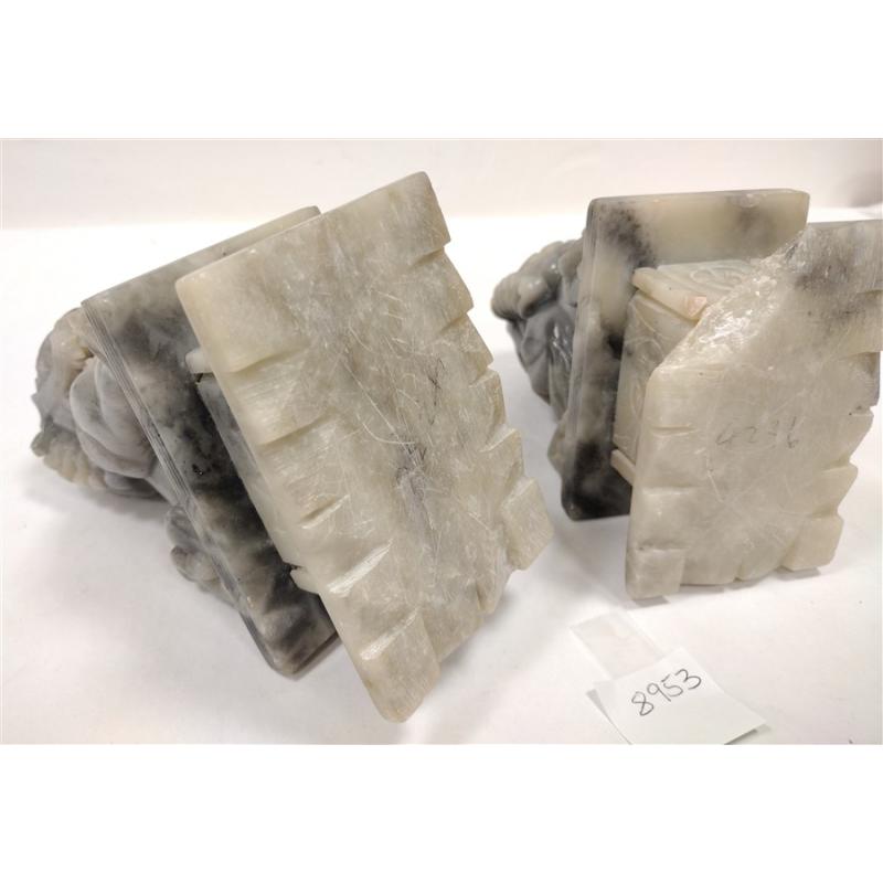 PAIR OF ANTIQUE STONE FOO LIONS WITH WOOD STANDS, one broken