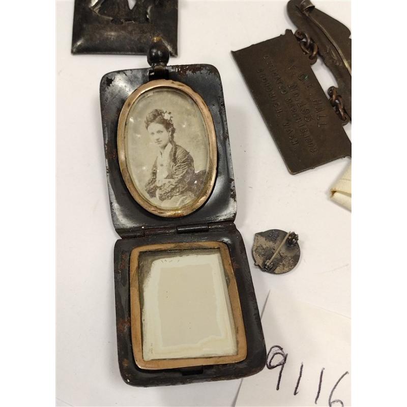 ANTIQUE LOCKET, BADGES, PINS