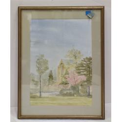 CHARLES TIBBITS WATERCOLOR OF A CHURCH