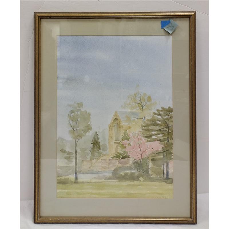 CHARLES TIBBITS WATERCOLOR OF A CHURCH