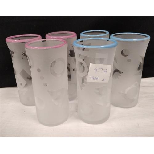 SET OF SIX FROSTED GLASS TUMBLERS WITH ABSTRACT DESIGNS