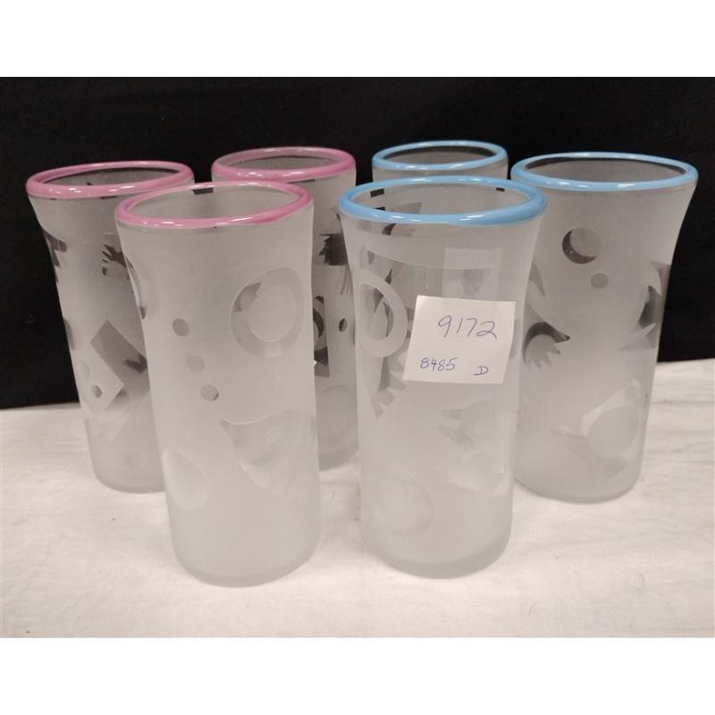SET OF SIX FROSTED GLASS TUMBLERS WITH ABSTRACT DESIGNS