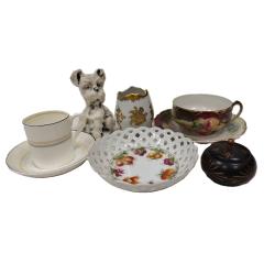 FOUR PIECES OF VINTAGE PORCELAIN, DOG FIGURE, TRINKET BOX