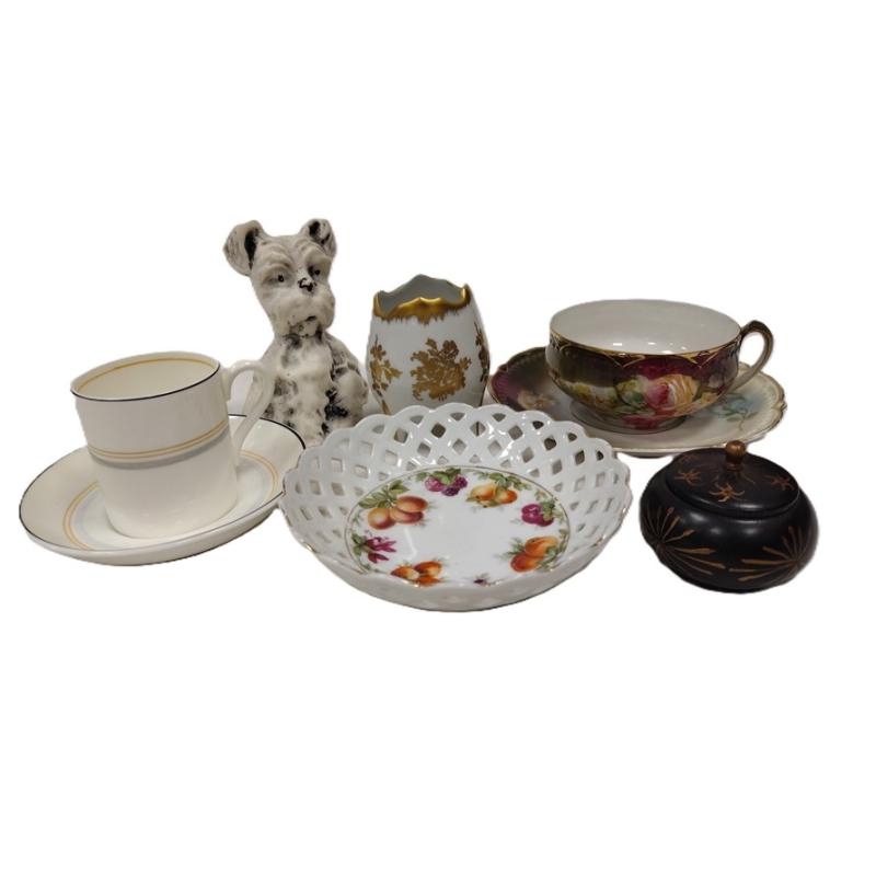 FOUR PIECES OF VINTAGE PORCELAIN, DOG FIGURE, TRINKET BOX