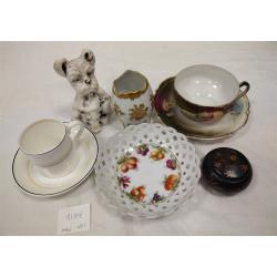 FOUR PIECES OF VINTAGE PORCELAIN, DOG FIGURE, TRINKET BOX