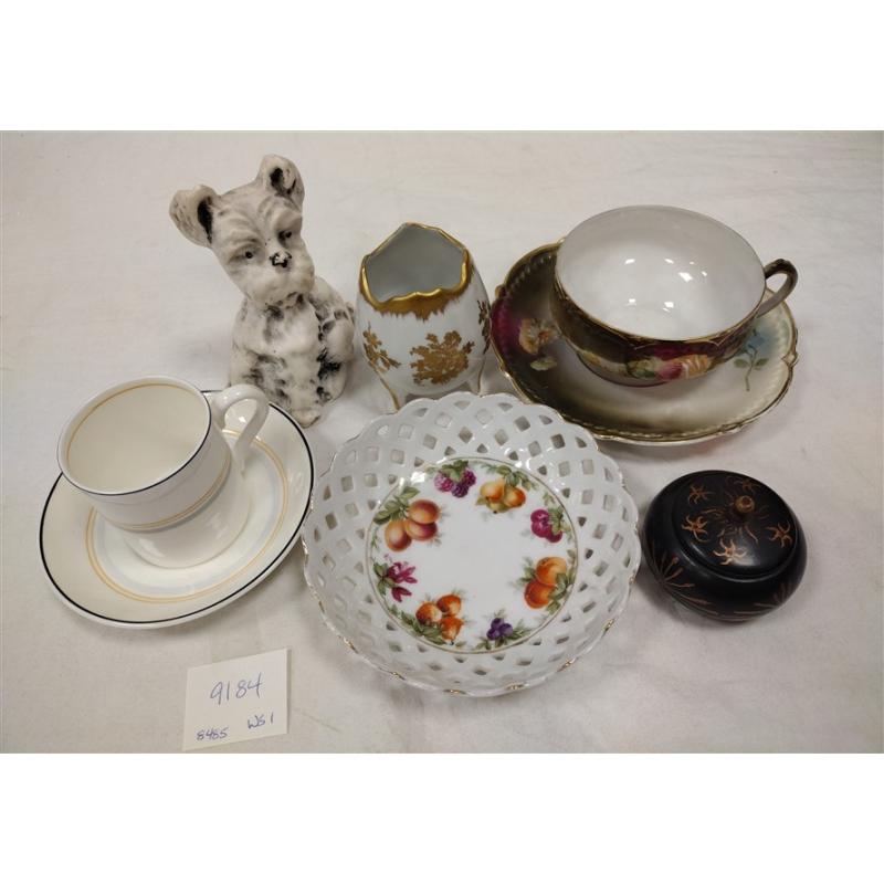FOUR PIECES OF VINTAGE PORCELAIN, DOG FIGURE, TRINKET BOX