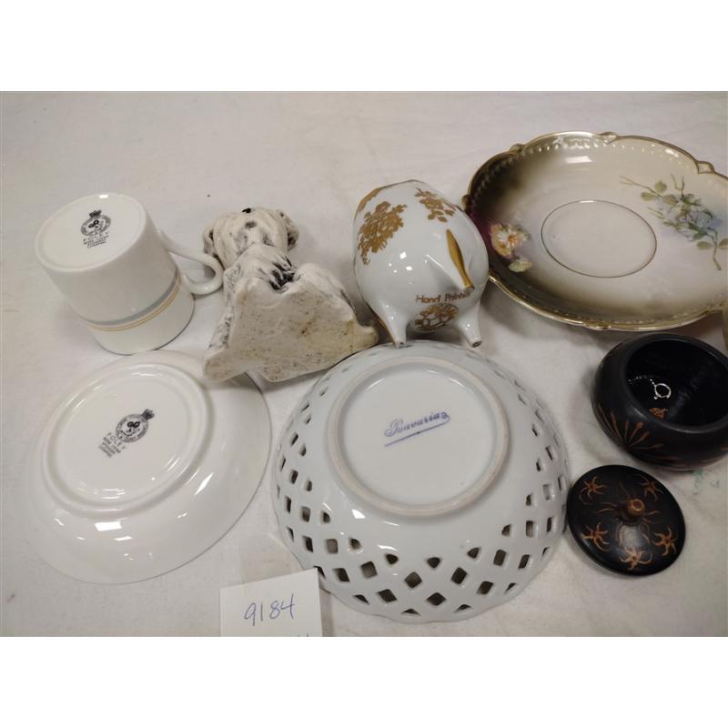 FOUR PIECES OF VINTAGE PORCELAIN, DOG FIGURE, TRINKET BOX