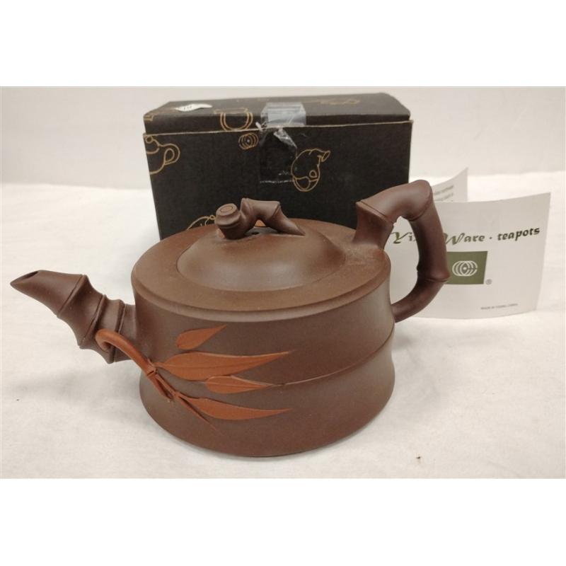 CHINESE YIXING WARE TEAPOT WITH APPLIED BRANCH ON SIDE AND LID