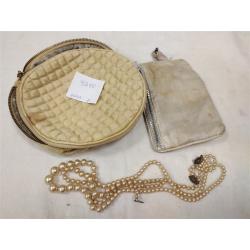 TWO ANTIQUE FAUX PEARL NECKLACES WITH STERLING CLASPS & OLD CLOTH HOLDERS