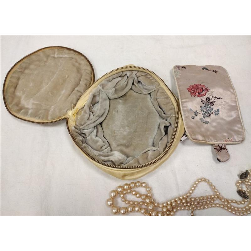 TWO ANTIQUE FAUX PEARL NECKLACES WITH STERLING CLASPS & OLD CLOTH HOLDERS