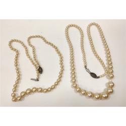 TWO ANTIQUE FAUX PEARL NECKLACES WITH STERLING CLASPS & OLD CLOTH HOLDERS