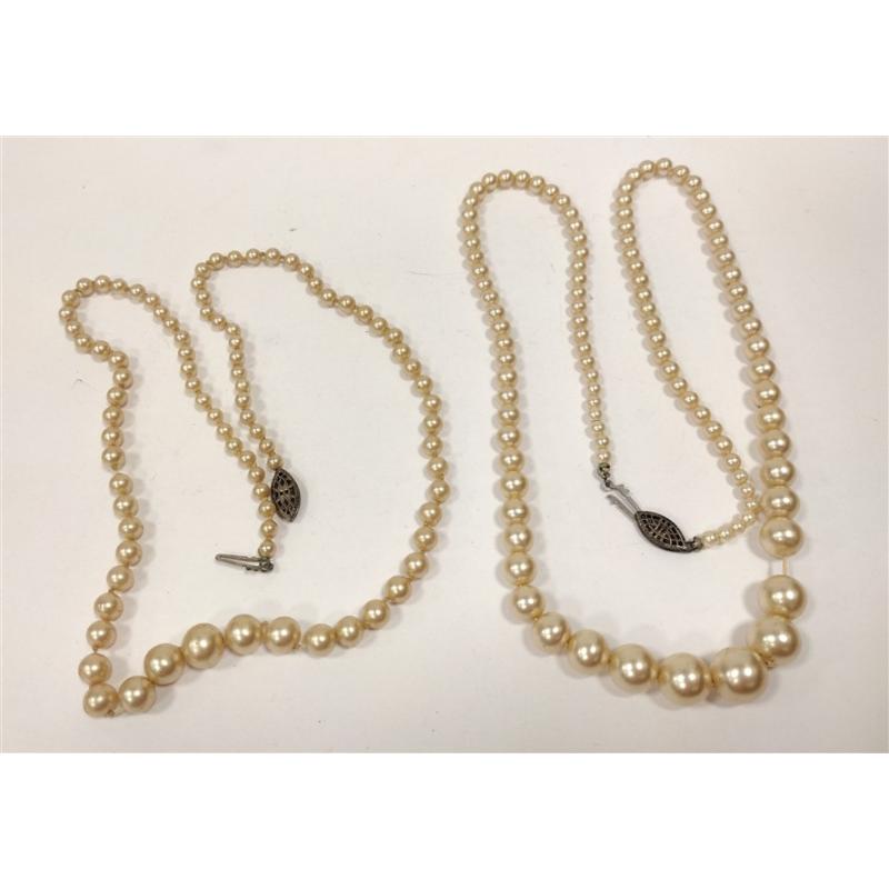 TWO ANTIQUE FAUX PEARL NECKLACES WITH STERLING CLASPS & OLD CLOTH HOLDERS