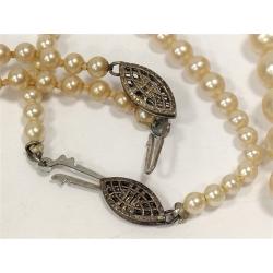 TWO ANTIQUE FAUX PEARL NECKLACES WITH STERLING CLASPS & OLD CLOTH HOLDERS