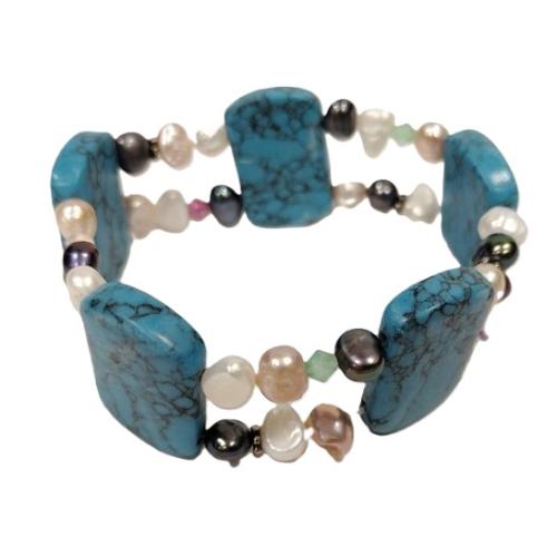 FRESH WATER PEARL STRETCH BRACELET WITH FAUX TURQUOISE