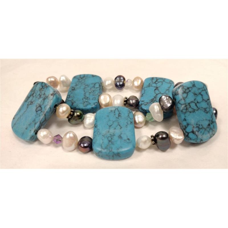 FRESH WATER PEARL STRETCH BRACELET WITH FAUX TURQUOISE