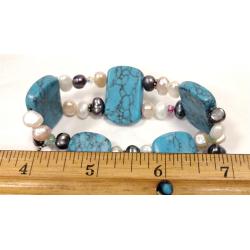 FRESH WATER PEARL STRETCH BRACELET WITH FAUX TURQUOISE