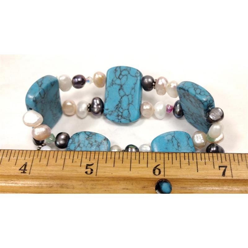 FRESH WATER PEARL STRETCH BRACELET WITH FAUX TURQUOISE