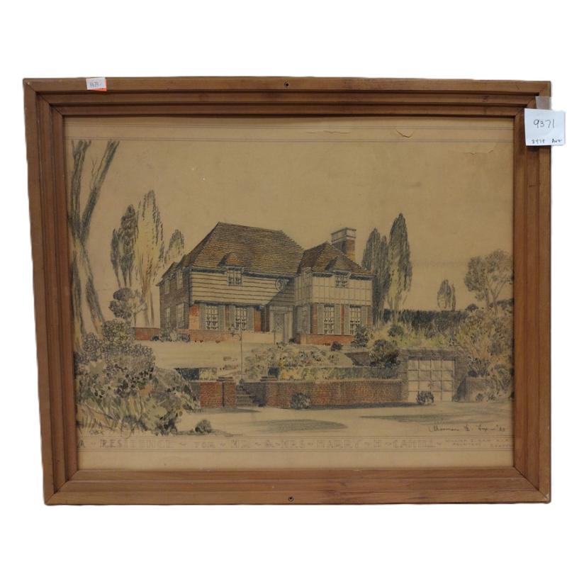 AS IS FRAMED 1933 ARCHITECTURAL COLORED DRAWING OF HARRY H CAHILL HOME SEATTLE