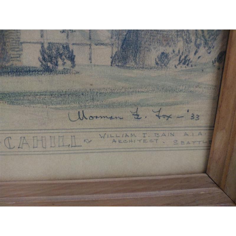 AS IS FRAMED 1933 ARCHITECTURAL COLORED DRAWING OF HARRY H CAHILL HOME SEATTLE