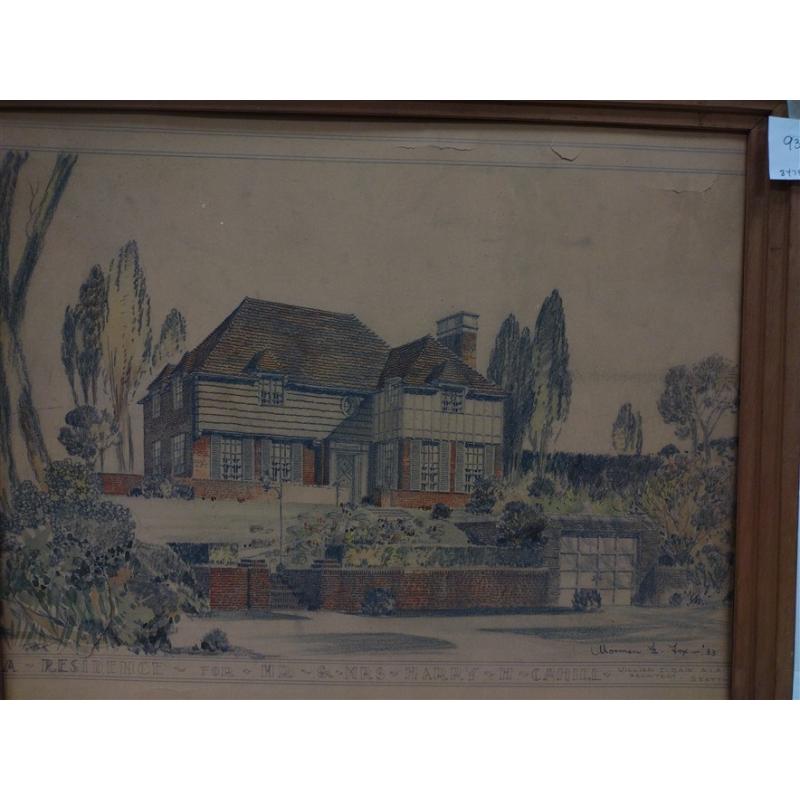 AS IS FRAMED 1933 ARCHITECTURAL COLORED DRAWING OF HARRY H CAHILL HOME SEATTLE