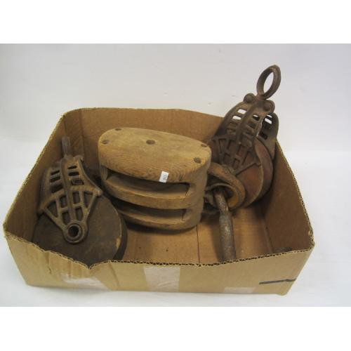 THREE ANTIQUE WOOD PULLEYS