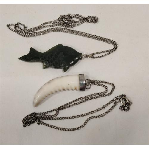 SHELL "TOOTH" AND STONE FISH PENDANTS ON CHAINS