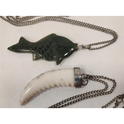 SHELL "TOOTH" AND STONE FISH PENDANTS ON CHAINS