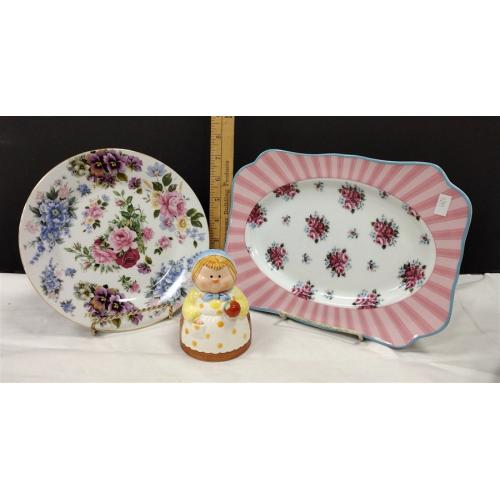 TWO PORCELAIN PLATES AND JOSEF ORIGINALS SHAKER