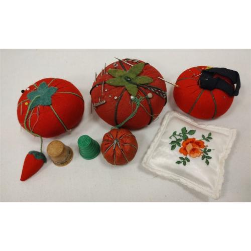 VINTAGE TOMATO PIN CUSHIONS, TWO PLASTIC THIMBLES