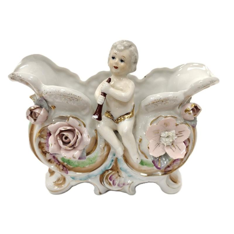 VINTAGE CHERUB PLANTER CHILD FLOWERS PORCELAIN