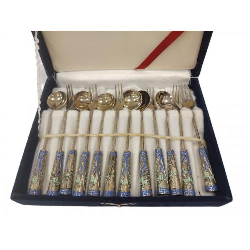SET OF 12 SILVERPLATE & ENAMELED IRIS PATTERN FORKS AND SPOONSS