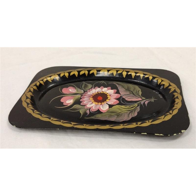 RUSSIAN HAND PAINTED METAL MINIATURE FLORAL TRAY