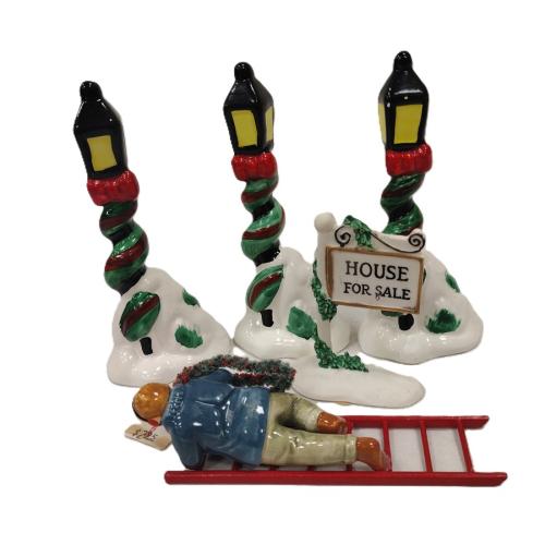 THREE DEPARTMENT 56 STYLE LAMPS POSTS, SIGN AND BOY ON LADDER