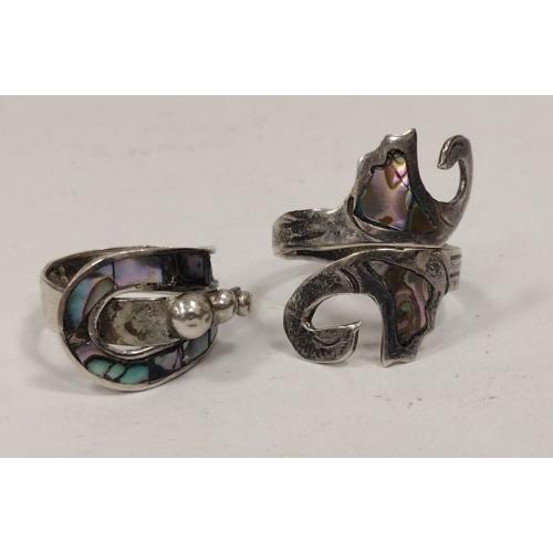 TWO MEXICAN ARTISAN STERLING RINGS WITH INLAID MOTHER OF PEARL