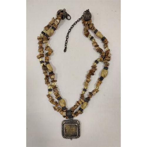 HEAVY STONE, METAL, AND GLASS BEAD NECKLACE WITH MOLDED GLASS PENDANT