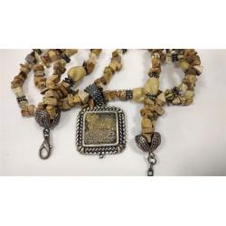 HEAVY STONE, METAL, AND GLASS BEAD NECKLACE WITH MOLDED GLASS PENDANT