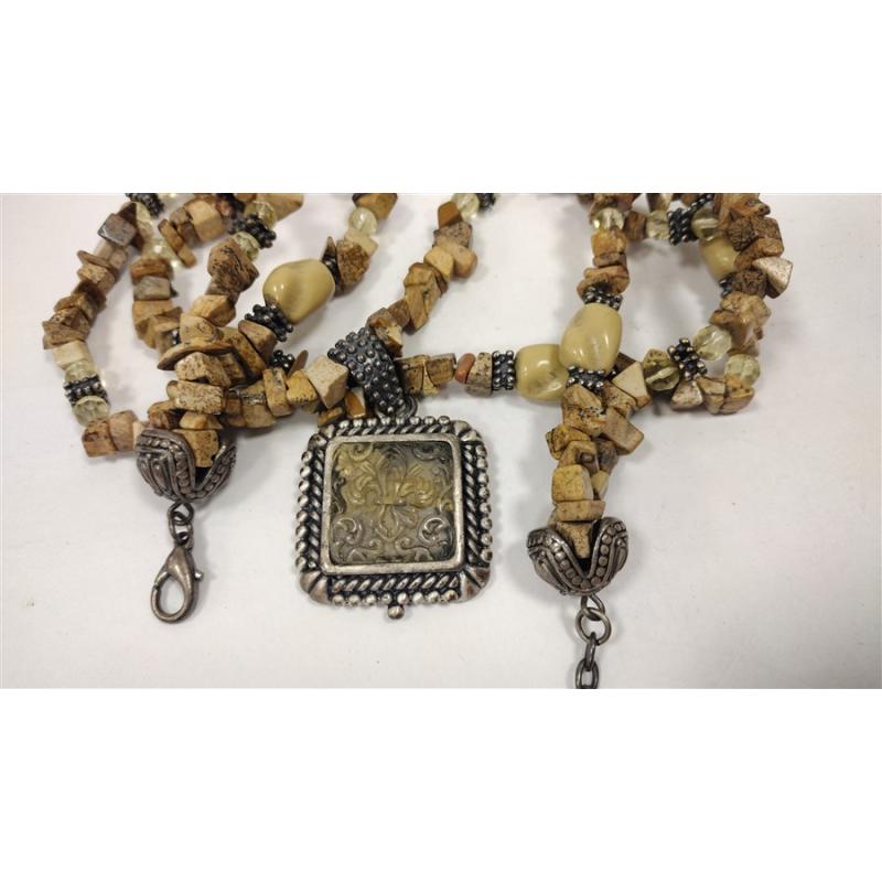 HEAVY STONE, METAL, AND GLASS BEAD NECKLACE WITH MOLDED GLASS PENDANT