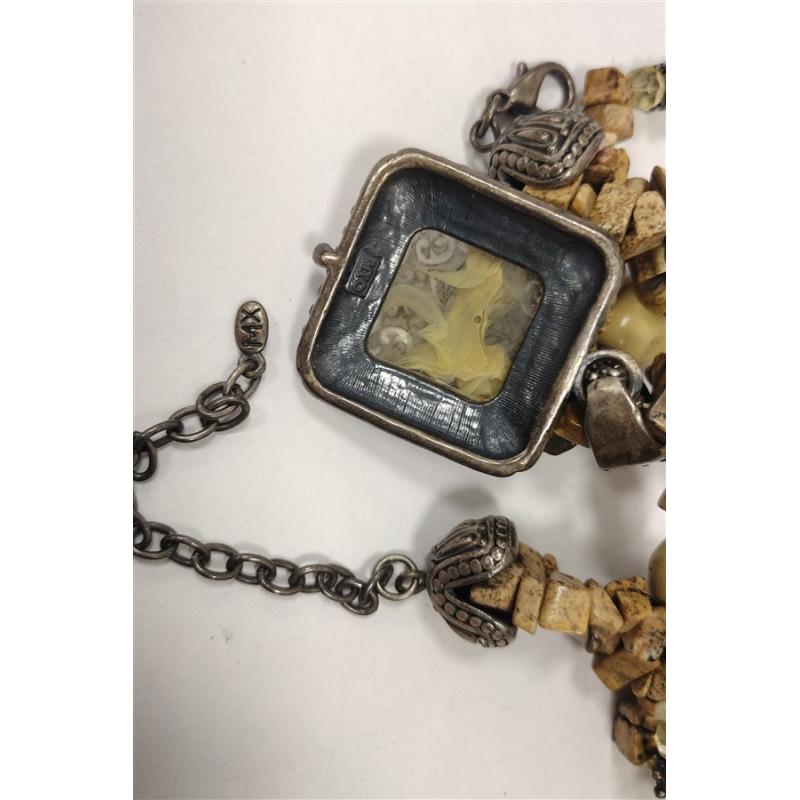 HEAVY STONE, METAL, AND GLASS BEAD NECKLACE WITH MOLDED GLASS PENDANT