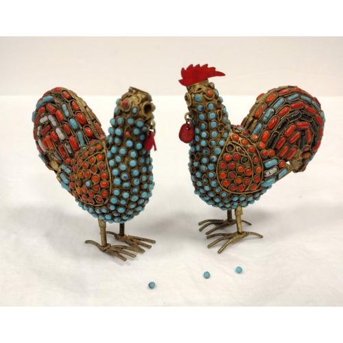 TWO VINTAGE TIBETAN FILIGREE & JEWELED ROOSTERS