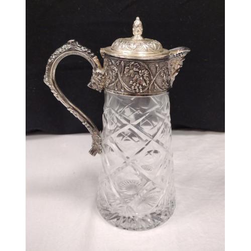 CUT GLASS CLARET WITH SILVER PLATED LID