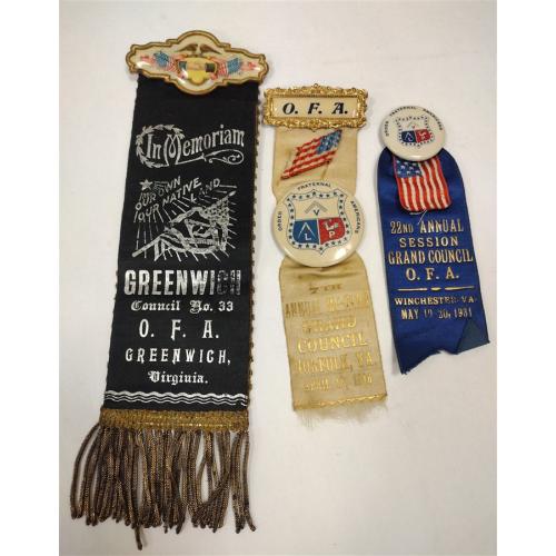 THREE ANTIQUE FATERNAL RIBBONS WITH PINS