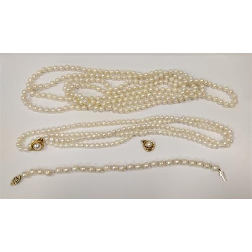 PEARL NECKLACE, EARRINGS AND WATCH